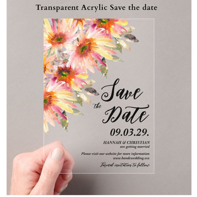 Invitaciones Acrílicas Naranja Floral amarilla Guardar fecha (Subido por el creador)