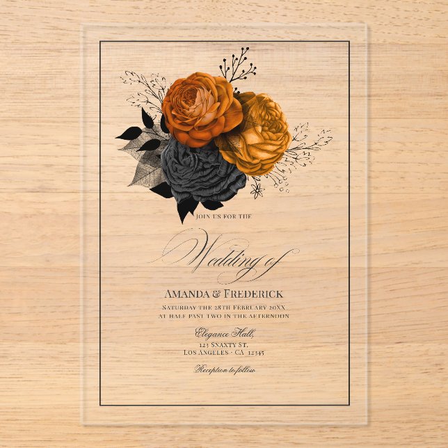 Invitaciones Acrílicas Naranja gótico transparente y Boda floral negro (Anverso)