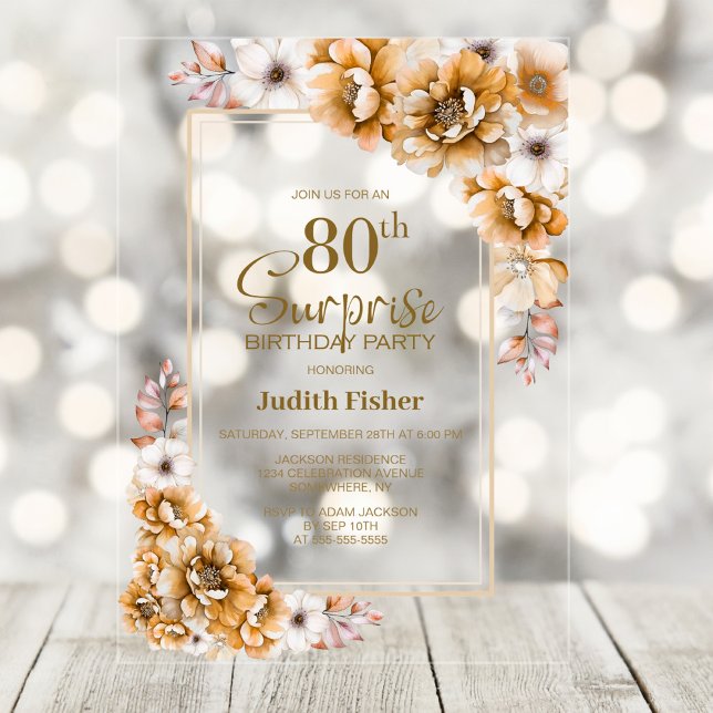 Invitaciones Acrílicas Naranja moderno Floral Sorpresa 80 cumpleaños fies (Subido por el creador)