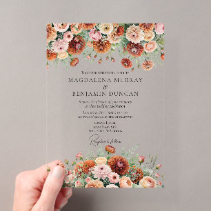 Invitaciones Acrílicas Naranja Oxidado Verde Salvia Flores Crema Boda de 