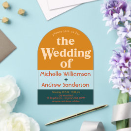 Invitaciones Acrílicas Naranja Peacock Moderno Retro Arqueado