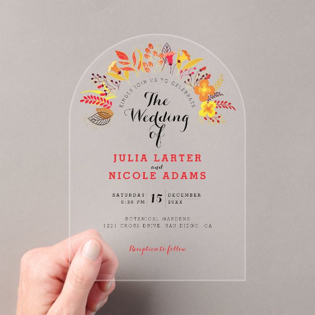 Invitaciones Acrílicas Naranja púrpura Boho Boda de floración silvestre (Insitu (portátil))