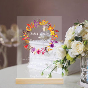 Invitaciones Acrílicas Naranja púrpura Boho Boda de floración silvestre