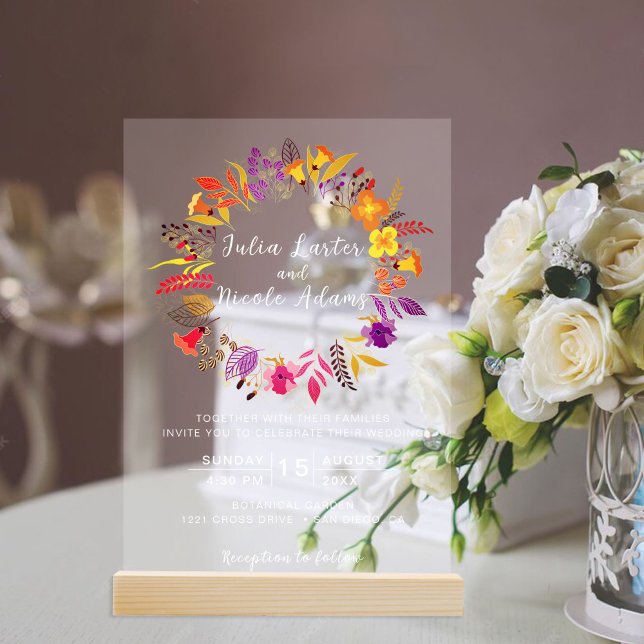 Invitaciones Acrílicas Naranja púrpura Boho Boda de floración silvestre (Subido por el creador)