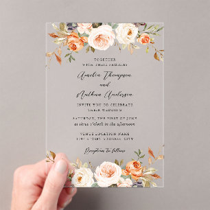 Invitaciones Acrílicas Naranja Quemada Rosado Rústico Botánico Floral Bod