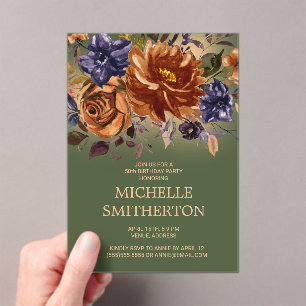 Invitaciones Acrílicas Naranja quemado Floral Azul Verde 50 cumpleaños