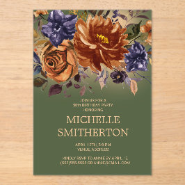 Invitaciones Acrílicas Naranja quemado Floral Azul Verde 50 cumpleaños