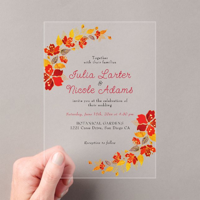 Invitaciones Acrílicas Naranja quemado Tropical Hibiscus Florals Boda (Insitu (portátil))