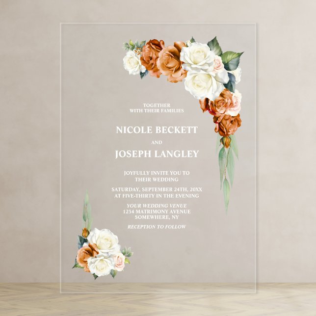 Invitaciones Acrílicas Naranja quemado y Boda floral de rosa blanca (Subido por el creador)