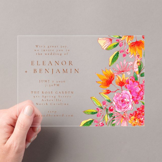 Invitaciones Acrílicas Naranja rosado moderno Boda acuarela floral (Insitu (portátil))