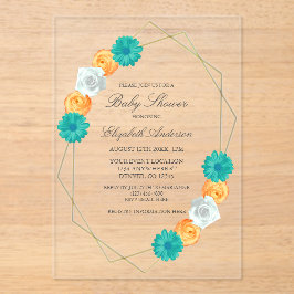 Invitaciones Acrílicas Naranja Verde azulado Floral Geométrica Baby Showe