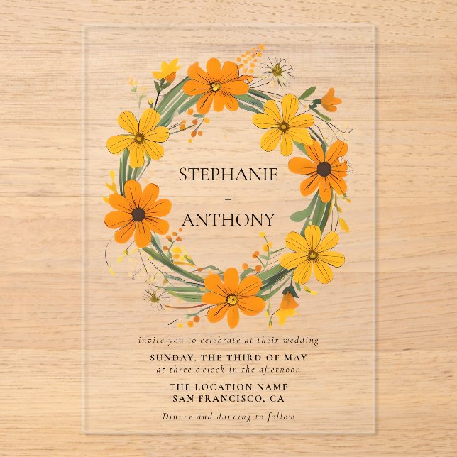 Invitaciones Acrílicas Naranja y Boda de flores silvestres amarillas (Anverso)