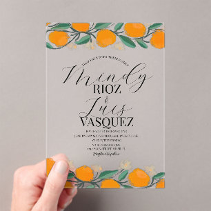 Invitaciones Acrílicas Naranjas Acuarela Nupcial Tinta Negra Citricos