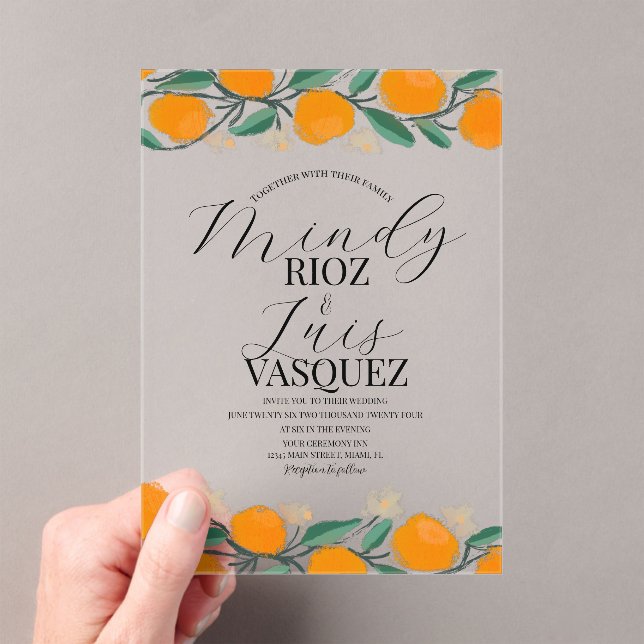 Invitaciones Acrílicas Naranjas Citrus Watercolor Boda Script Negro (Insitu (portátil))