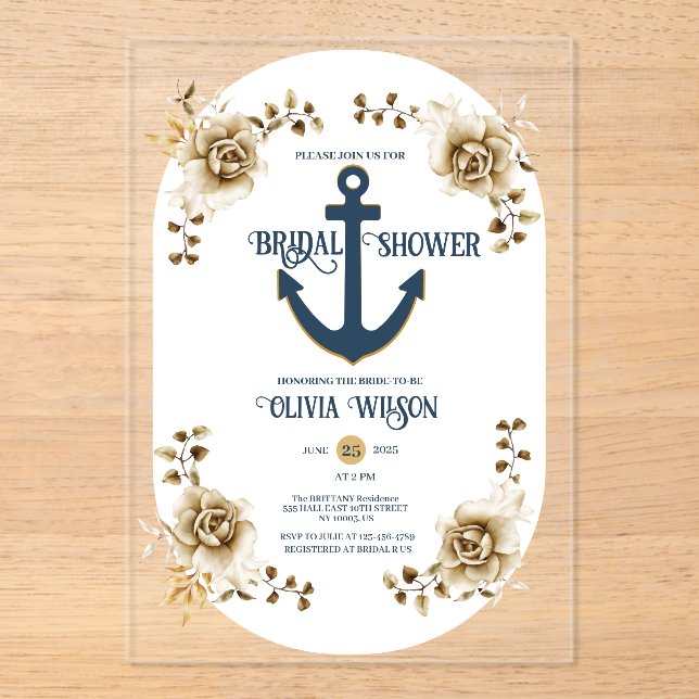 Invitaciones Acrílicas Naudal Bridal Shower Anchor Blue Gold Floral (Anverso)