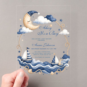 Invitaciones Acrílicas Náutica Ahoy Es un Niño Barco de Vela Luna Baby Sh