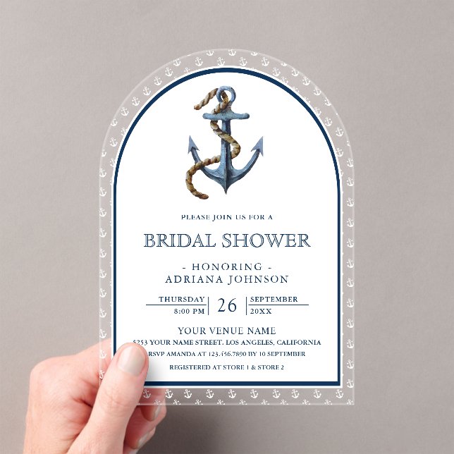 Invitaciones Acrílicas Nautical Navy Blue Anchor Arch Bridal Shower (Insitu (portátil))