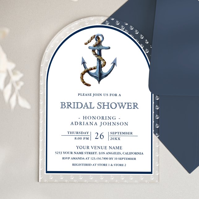 Invitaciones Acrílicas Nautical Navy Blue Anchor Arch Bridal Shower (Subido por el creador)