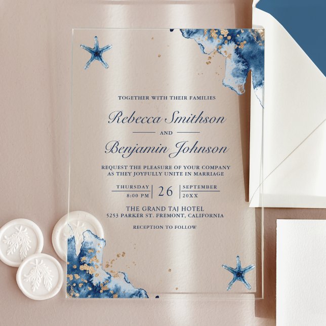 Invitaciones Acrílicas Nautical Navy Blue Starfish Wedding (Subido por el creador)