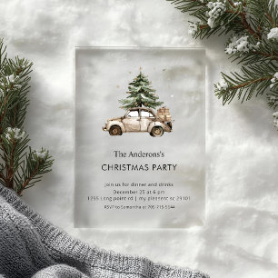 Invitaciones Acrílicas Navidad con Coche Vintage Acuarela Rústica