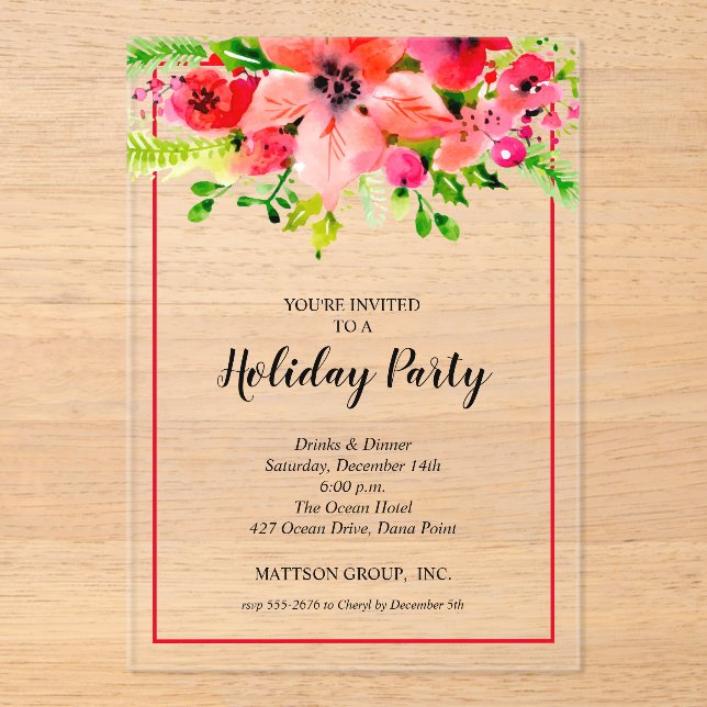 Invitaciones Acrílicas Navidad con flores elegantes (Anverso)
