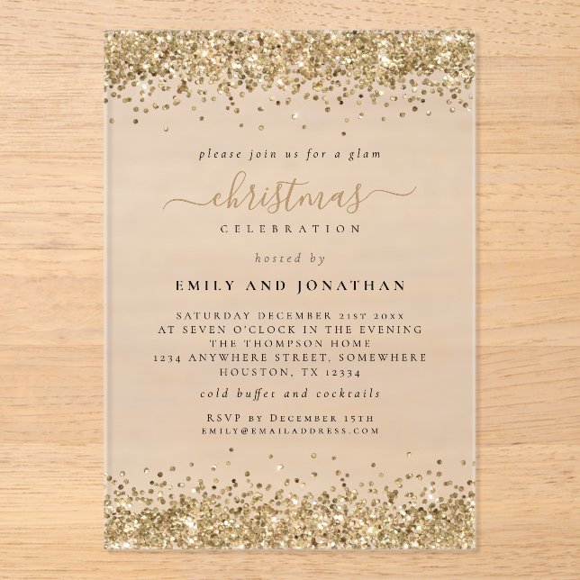 Invitaciones Acrílicas Navidad de Sparkly Gold Purpurina Borders Fiesta (Anverso)