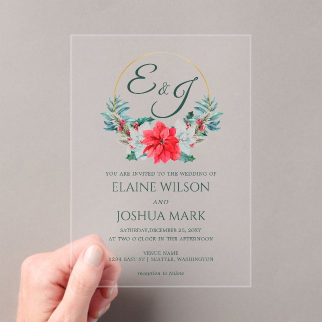 Invitaciones Acrílicas Navidades Berry Poinsettia Wreath Monograma Boda (Insitu (portátil))