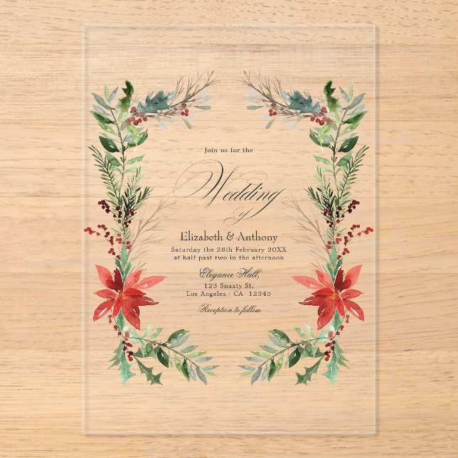 Invitaciones Acrílicas Navidades Boda transparente floral de invierno (Anverso)