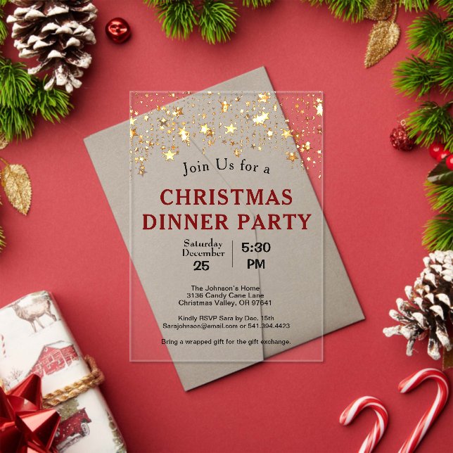 Invitaciones Acrílicas Navidades Cena Fiesta Estrellas de Oro (Insitu (Vacaciones))