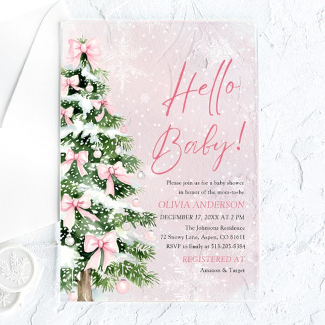 Invitaciones Acrílicas Navidades Chicas de Bow rosado Hola bebé Baby Show (Pink Bow Girl Christmas Hello Baby Baby Shower Acrylic Invitation)