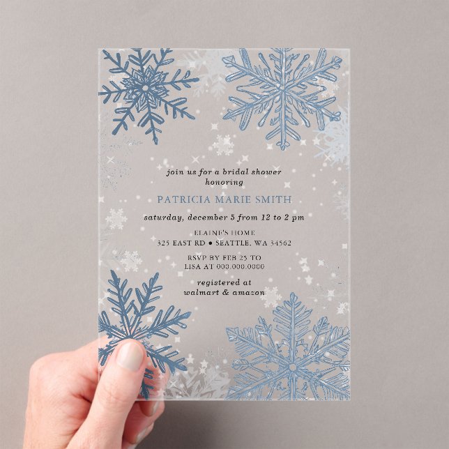 Invitaciones Acrílicas Navidades con copos de nieve azules ducha de novia (Insitu (portátil))