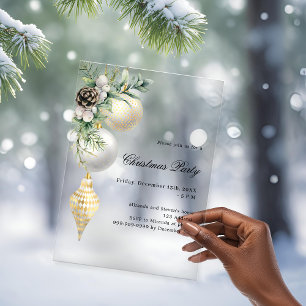Invitaciones Acrílicas Navidades de baubles blancos de oro negro Fiesta c