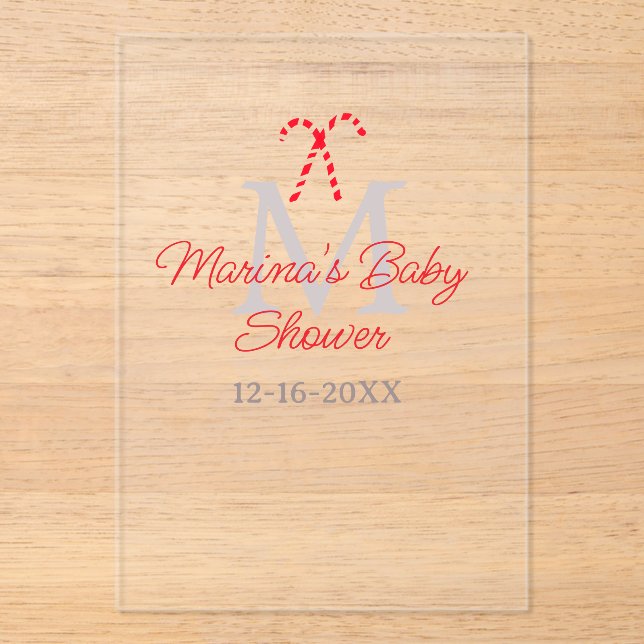 Invitaciones Acrílicas Navidades de caña de caramelo para bebés monograma (Anverso)