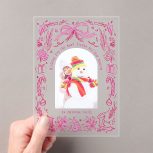Invitaciones Acrílicas Navidades de Coquette Foto de Doodle Rosa Rojo
