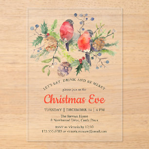 Invitaciones Acrílicas Navidades festivos vísperas acuarela Bullfinch Flo