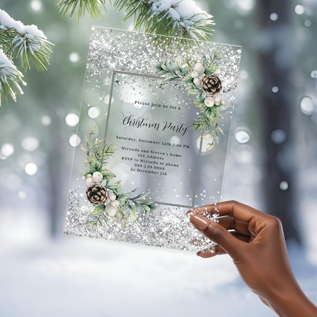 Invitaciones Acrílicas Navidades Fiestas de hojas verdes de conos platead (Subido por el creador)