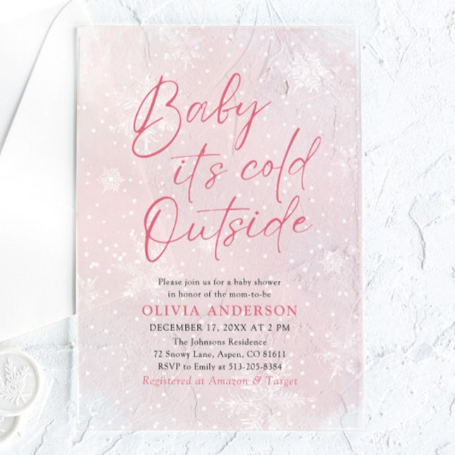 Invitaciones Acrílicas Navidades rosados bebe hace frío fuera de Baby Sho (Pink Christmas Baby It's Cold Outside Baby Shower Acrylic Invitation)
