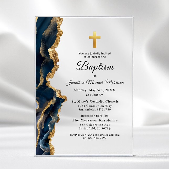 Invitaciones Acrílicas Navy Blue Agate Gold Baptism Moderno Elegante (Subido por el creador)