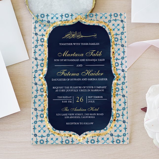 Invitaciones Acrílicas Navy Blue and Gold Moroccan Tile Islamic Wedding (Subido por el creador)