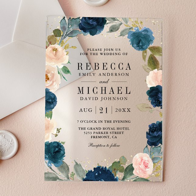 Invitaciones Acrílicas Navy Blue and Peach Floral Wedding (Subido por el creador)