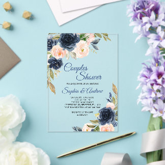 Invitaciones Acrílicas Navy Blue & Blush Floral Couples Shower Invitation