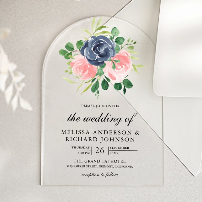 Invitaciones Acrílicas Navy Blue Blush Pink Floral Wedding (Subido por el creador)
