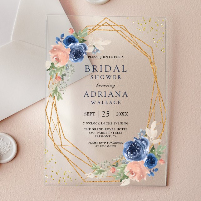 Invitaciones Acrílicas Navy Blue Blush Pink Roses Geometric Bridal Shower (Subido por el creador)