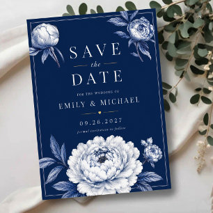 Invitaciones Acrílicas Navy Blue Floral Elegant White Peony