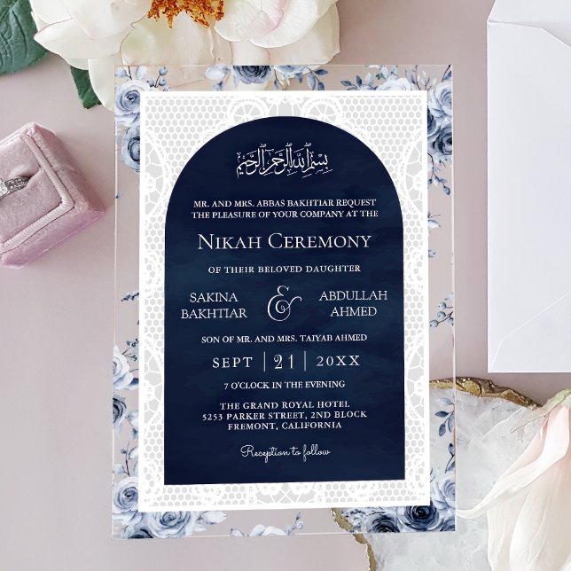 Invitaciones Acrílicas Navy Blue Floral White Lace Muslim Wedding (Subido por el creador)