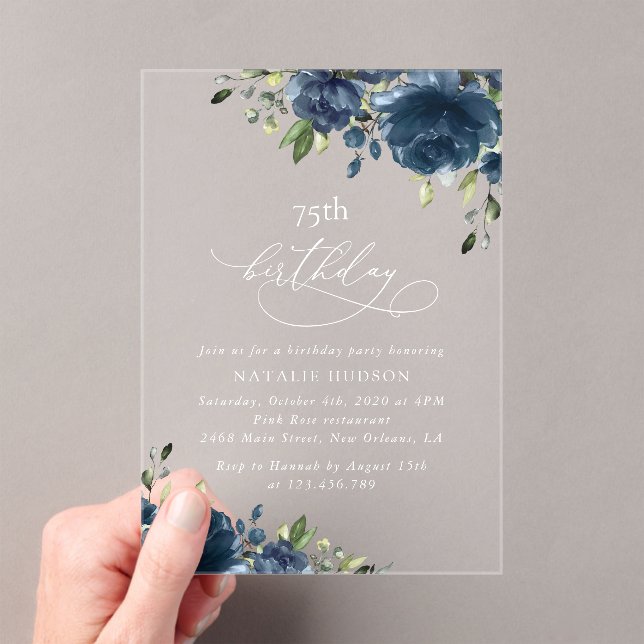 Invitaciones Acrílicas Navy Blue Flowers, Greenery, Boho, Any Birthday (Insitu (portátil))
