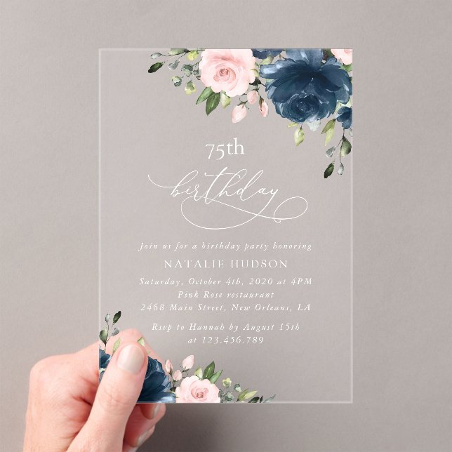 Invitaciones Acrílicas Navy Blue Flowers, Pink Flowers, Boho, Birthday (Insitu (portátil))