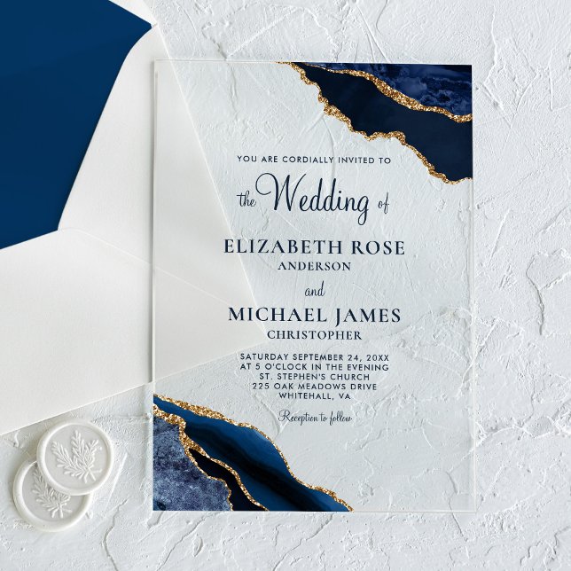Invitaciones Acrílicas Navy Blue Gold Agate Elegant Wedding (Subido por el creador)