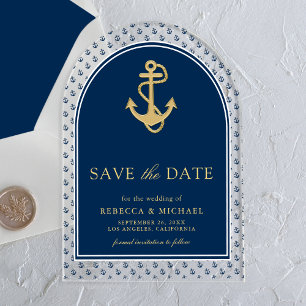 Invitaciones Acrílicas Navy Blue Gold Anchor Boda Save the Date