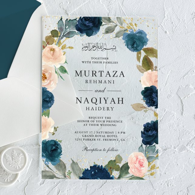Invitaciones Acrílicas Navy Blue Peach Floral Muslim Wedding (Subido por el creador)